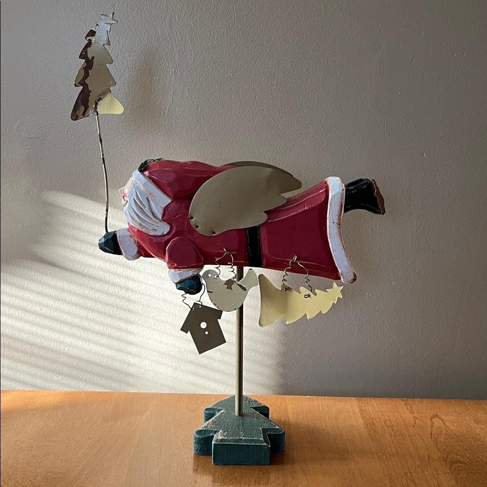 Vintage Wooden Santa Claus Figurine With Metallic Wings